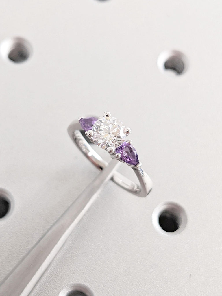 Three Stone Lab Grown Diamond, Purple Amethyst Promise Ring | Woman Wedding Ring | 14K White Gold Tapered Band Ring