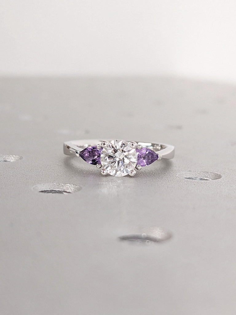 Lab Grown Diamond Engagement Ring | Diamond and Amethyst Ring | 3 Stone Promise Ring | Round, Pear cut Ring | Solid Gold Bridal Jewelry