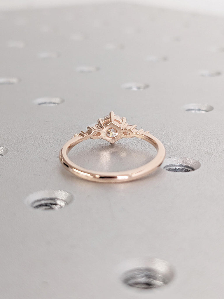 14K Rose Gold Moissanite Engagement Ring | Prong Set Ring | Dainty Moissanite Cluster Ring | Art Deco Promise Anniversary Ring for Woman