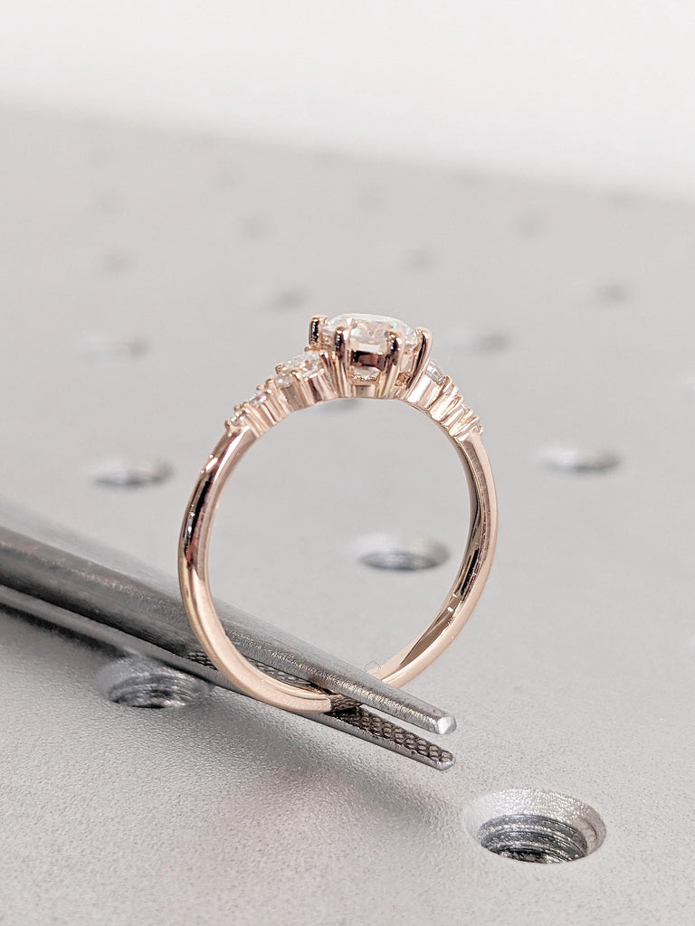 14K Rose Gold Moissanite Engagement Ring | Prong Set Ring | Dainty Moissanite Cluster Ring | Art Deco Promise Anniversary Ring for Woman