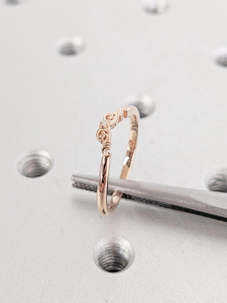 Vintage Moissanite Floral Curved Wedding Band | Unique Solid Rose Gold Diamond Filigree Wedding Ring | Dainty Promise Marriage Anniversary Leaf ring