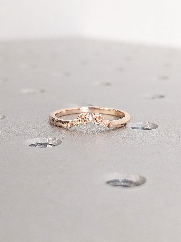 14k Rose Gold Crown Wedding Band | Diamond Wedding Band | Vintage Inspired Filigree Ring | Unique Leaf Wedding Ring | Delicate Fine Jewelry