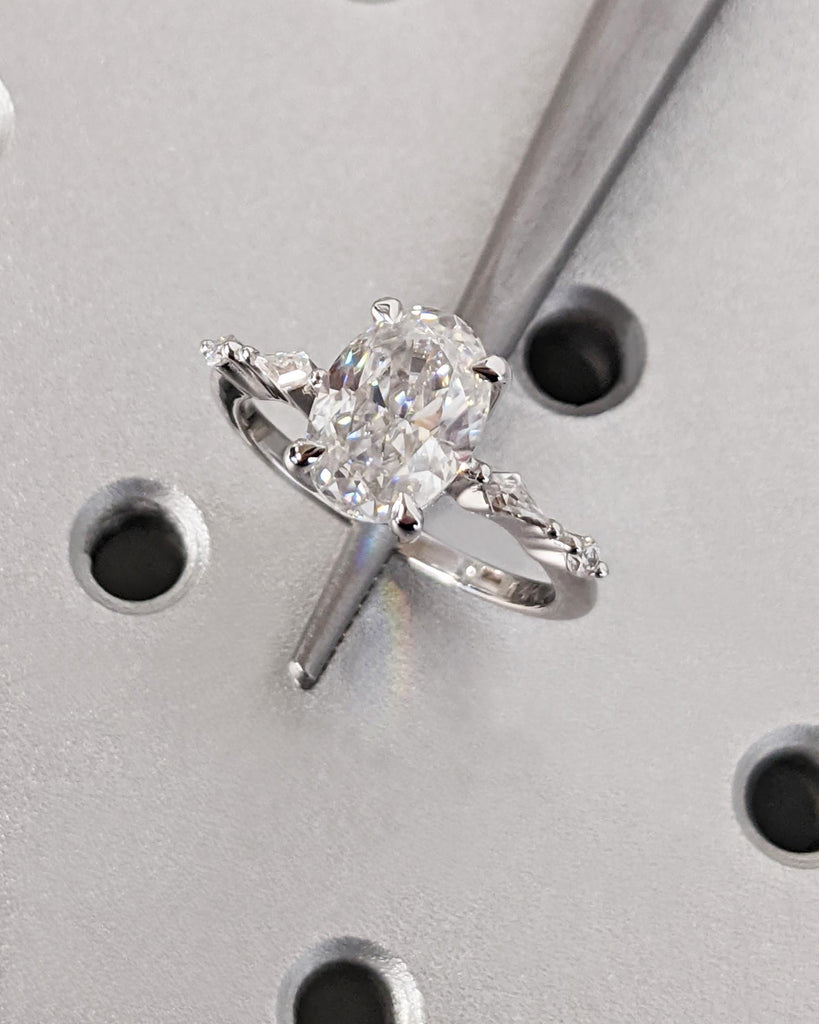 Unique Oval Cut Lab Diamond Engagement Ring, 14K White Gold Ring, Kite Shape Round Moissanites or Diamonds, Art Deco Engagement Dainty Band