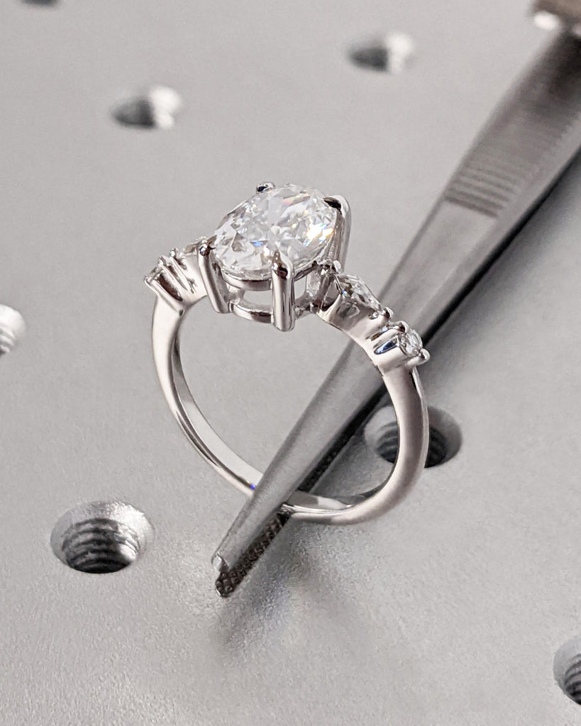 Unique Oval Cut Lab Diamond Engagement Ring, 14K White Gold Ring, Kite Shape Round Moissanites or Diamonds, Art Deco Engagement Dainty Band