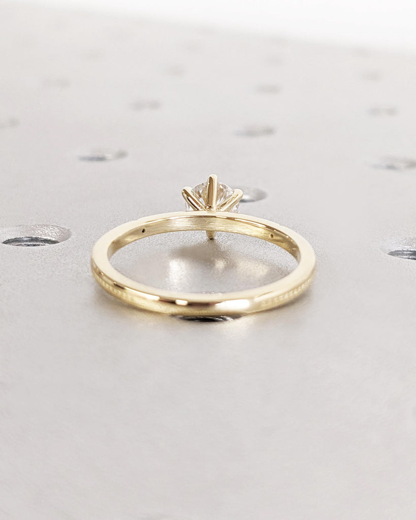 Vintage Inspired Beaded Engagement Ring, Solitaire Round Moissanite Ring, 14K Gold Diamond Accent Wedding Ring, Unique Filigree Wedding Ring