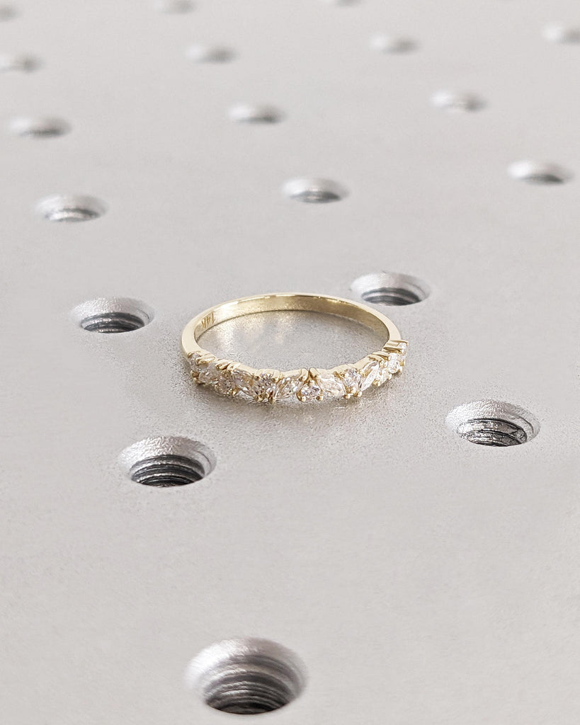 Alternating Marquise Round Diamond Ring, 14K Solid Gold, Marquise Diamond Wedding Ring, Stackable Band, Marquise Diamond Ring, 14K Gold Ring