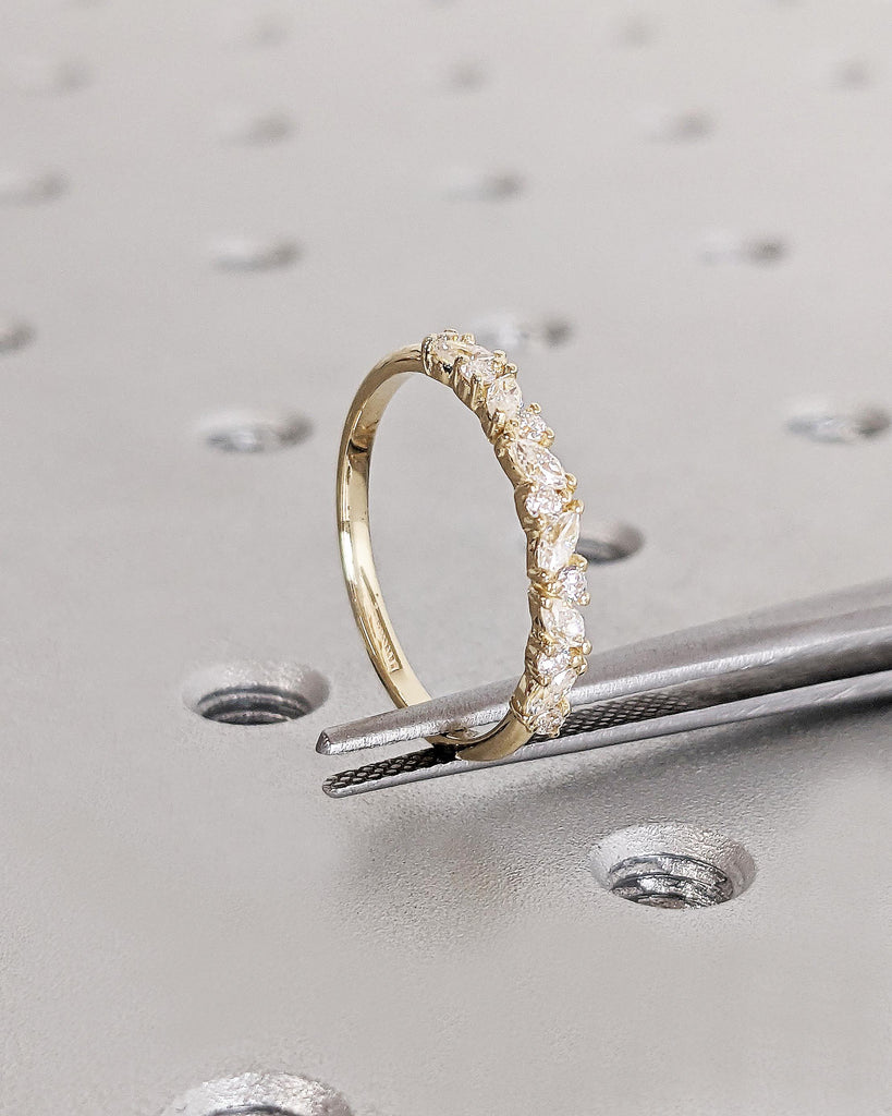 Alternating Marquise Round Diamond Ring, 14K Solid Gold, Marquise Diamond Wedding Ring, Stackable Band, Marquise Diamond Ring, 14K Gold Ring