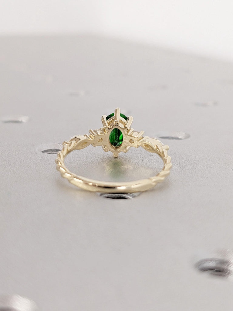 Oval Lab Emerald Wedding Ring | 14K Gold Engagement Ring | Vintage Proposal Ring | Marquise Round Diamond Ring | Petite Twisted Ring for Her