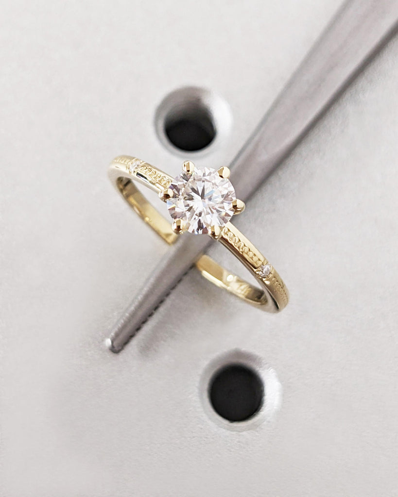 Vintage Inspired Round Moissanite Ring | Beaded Engagement Ring | 14K Gold Diamond Accent Wedding Ring | Unique Wedding Solitaire Ring Women