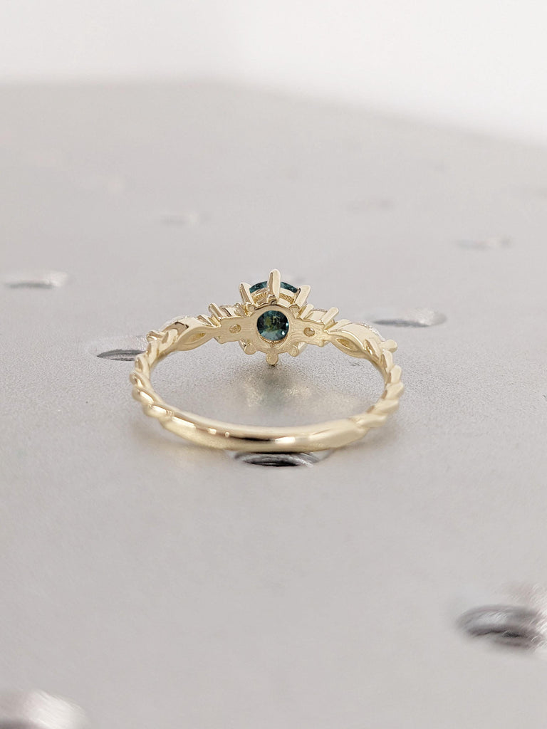 Vintage Teal Sapphire Engagement Twist Ring For Her | Antique Rose Gold Peacock Sapphire Round cut Ring | Diamond Cluster Anniversary Ring