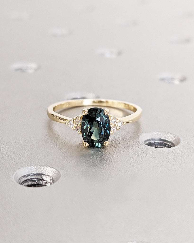 Vintage Teal Sapphire Engagement Ring Oval Cut | Antique Yellow Gold Peacock Sapphire Wedding Ring | Round Diamond Cluster Anniversary Ring