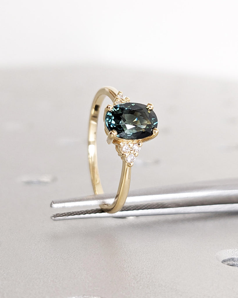 Vintage Teal Sapphire Engagement Ring Oval Cut | Antique Yellow Gold Peacock Sapphire Wedding Ring | Round Diamond Cluster Anniversary Ring