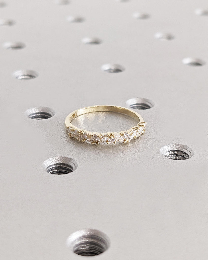 14k Solid Gold Half Eternity Band | Marquise, Round Wedding Band | Stackable Ring | Anniversary Gift for Her | Moissanite Lab Grown Diamond