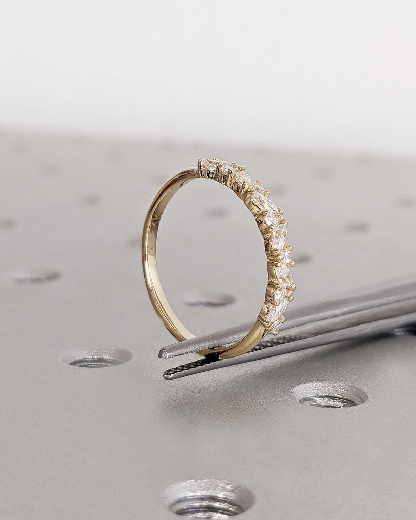 14k Solid Gold Half Eternity Band | Marquise, Round Wedding Band | Stackable Ring | Anniversary Gift for Her | Moissanite Lab Grown Diamond