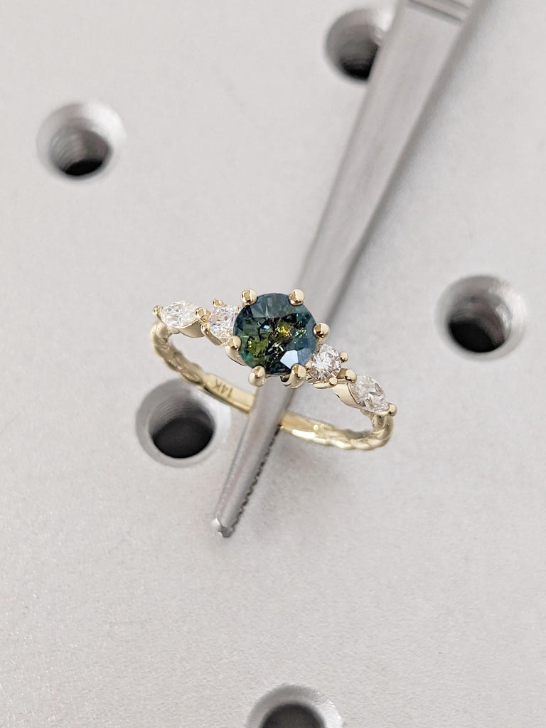 Vintage Teal Sapphire Engagement Twist Ring For Her | Antique Rose Gold Peacock Sapphire Round cut Ring | Diamond Cluster Anniversary Ring