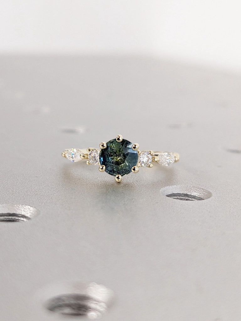 Vintage Teal Sapphire Engagement Twist Ring For Her | Antique Rose Gold Peacock Sapphire Round cut Ring | Diamond Cluster Anniversary Ring