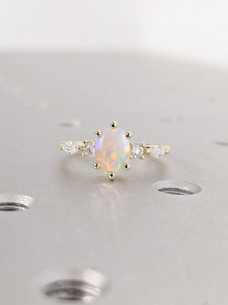 Natural Opal Gemstone Ring, Oval Cut Opal Engagement Ring, Unique Twist Band Engagement Ring, Moissanite Diamond Cluster Bridal Twisted Ring