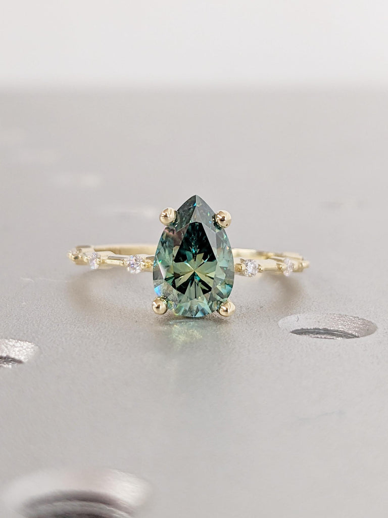 Vintage Green Pear shaped Moissanite Engagement Ring | 14k Gold Moissanite Ring | Fancy Promise Ring for Women | Wedding Gift for Women