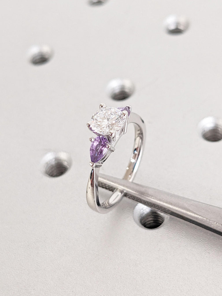 14k Solid White Gold Elegant Moissanite & Amethyst Promise Ring for Her | Unique Small Women Moissanite Engagement Ring | February Birthstone