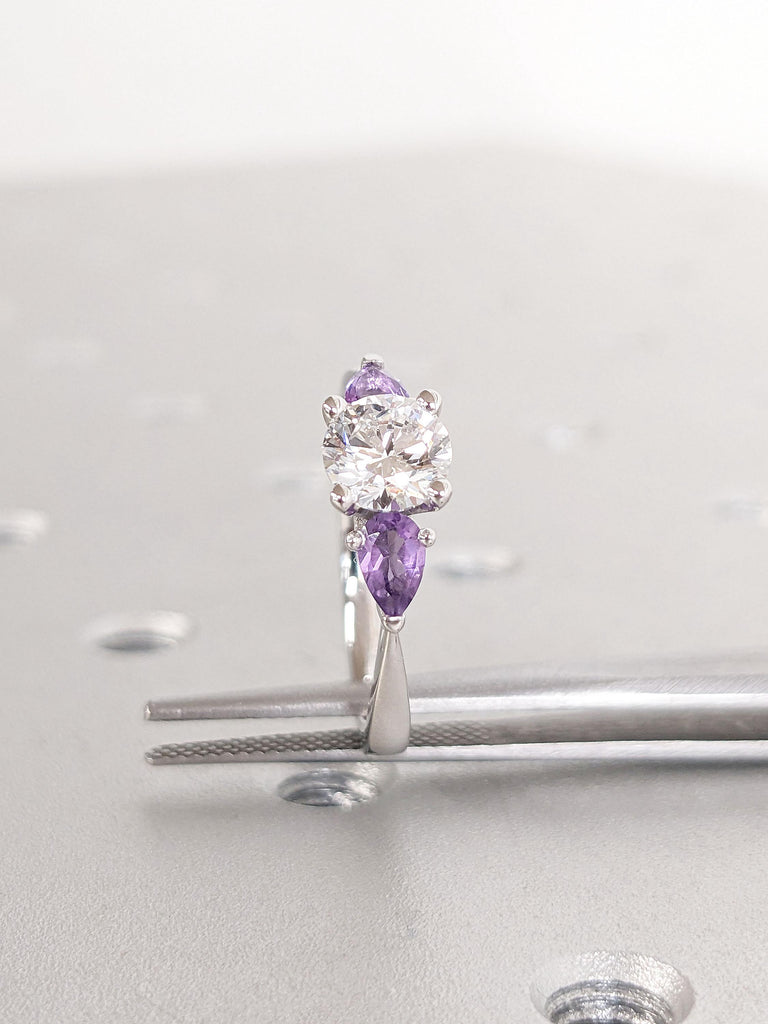 Pear Amethyst February Birthstone Ring | Birthday Gift for Her | Moissanite Engagement Ring | Three Stone Trilogy Ring