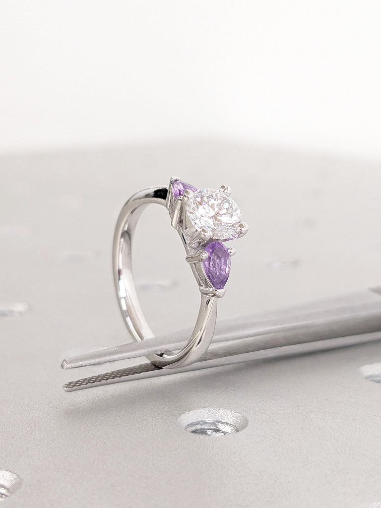 1, 1.5, 2ct Moissanite and Amethyst Engagement Ring | Art Deco Promise Anniversary Ring Round cut | Solid White Gold Ring | Moissanite Ring