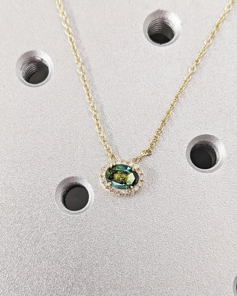 Oval Teal Sapphire with Lab Diamond Halo Necklace | Everyday Dainty Necklace | Chain Necklace | Layering Necklace