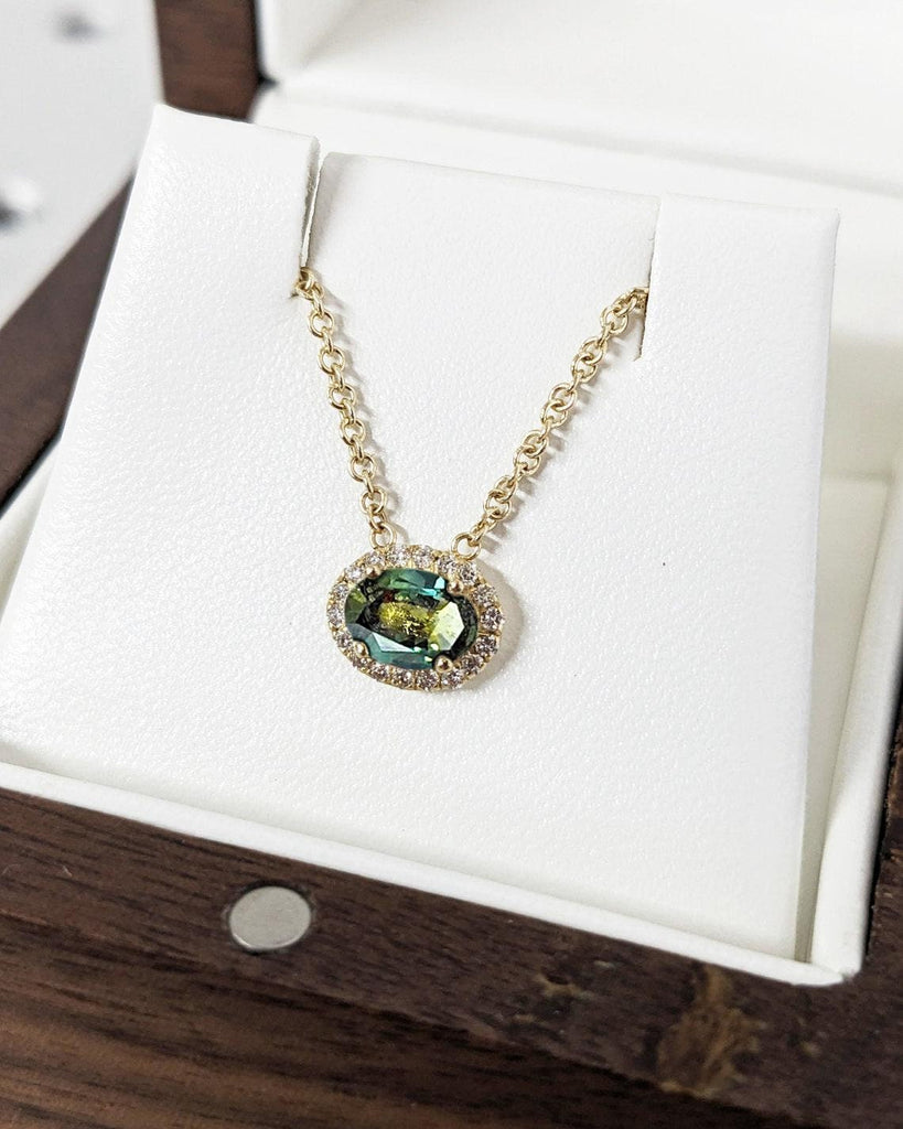 Oval Teal Sapphire Pendant with Halo Diamonds | Classic Sapphire Necklace for Her | Rope Chain Necklace | East West Oval Solitaire Pendant