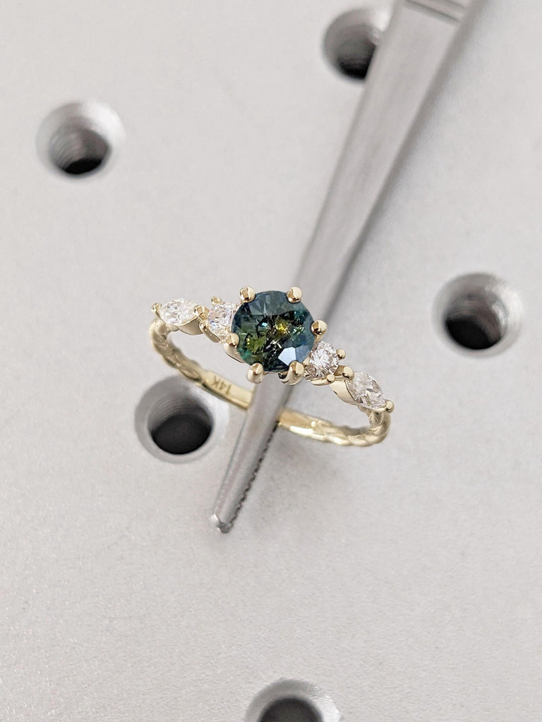 Round Teal Sapphire Twisted Engagement Ring, Peacock Blue Green Sapphire Twist Ring, Marquise Round Diamond/Moissanite Cluster, 14K 18K Gold