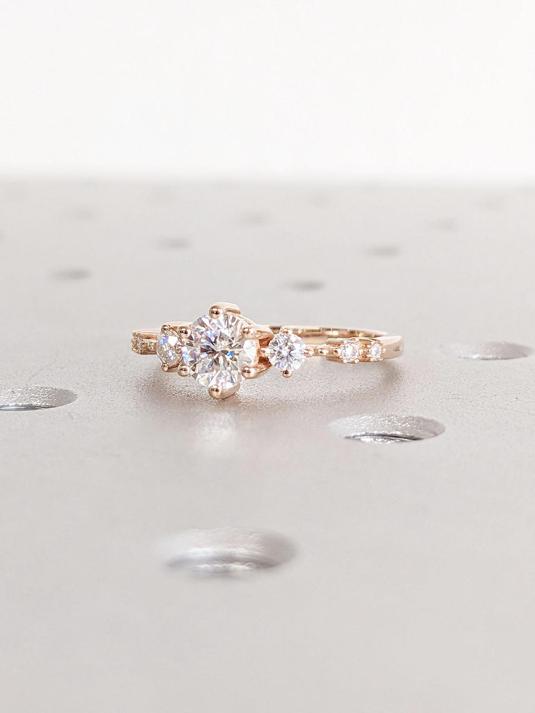 Vintage Lab Diamond Engagement ring, Dainty Rose Gold Engagement Ring, Unique Cluster Diamond Proposal Ring, Round cut Bridal Promise Anniversary Ring