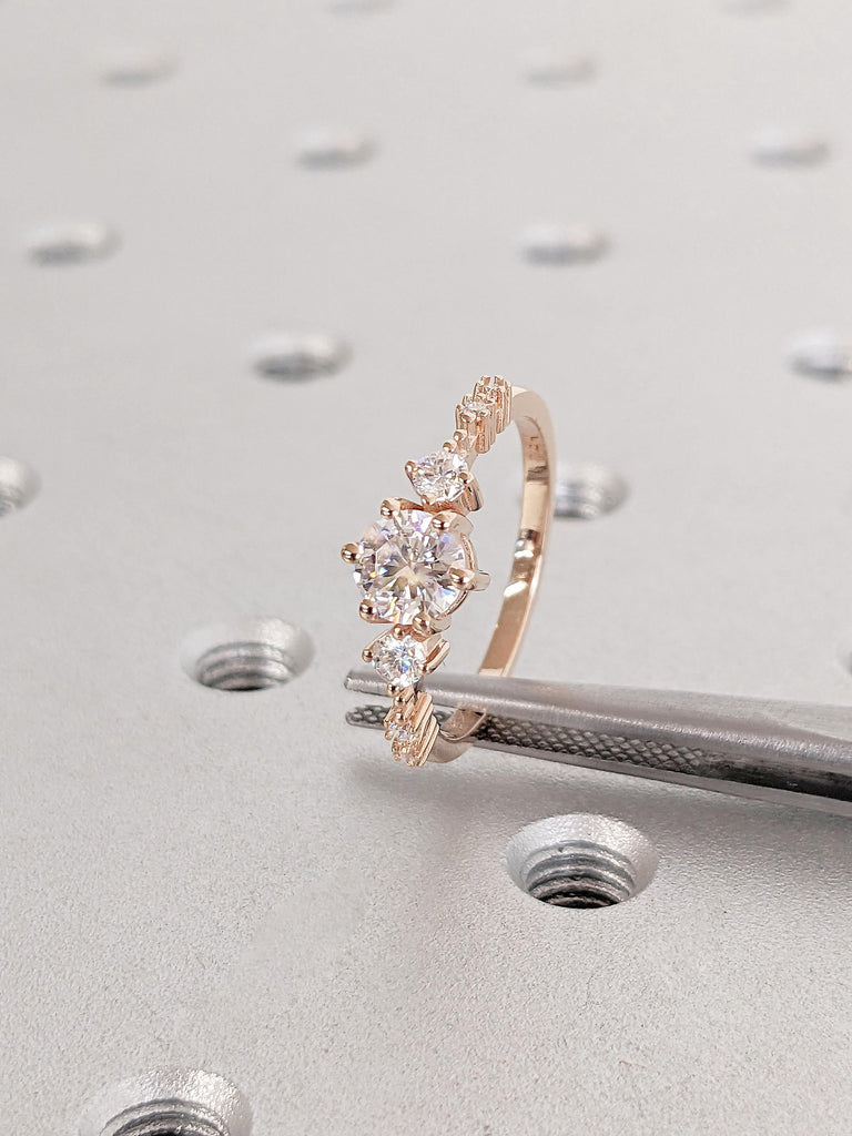 Art Deco Diamond Cluster Engagement Ring | 14K Rose Gold Diamond Ring | Unique Prong Delicate Dainty Bridal Ring Promise Anniversary Ring