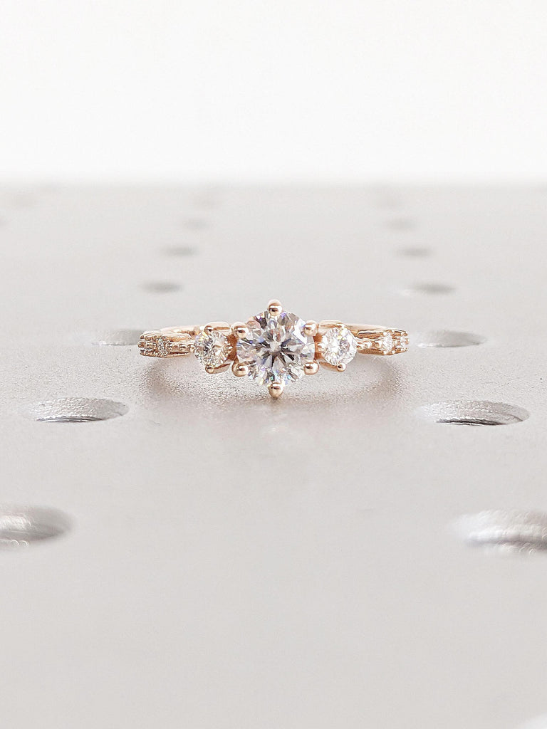 Classical Round Lab Grown Diamond Engagement Ring | 14K Rose Gold Promise Anniversary Ring, Vintage Art Deco Diamond Cluster Engagement Ring