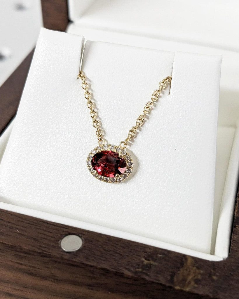 Timeless Red Lab Grown Ruby Pendant with Halo Diamonds | Ruby Necklace for Her | Rope Chain Necklace | East West Oval Solitaire Pendant