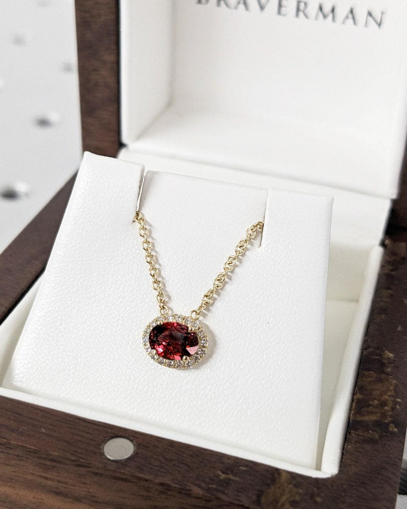 0.5ct Oval cut Lab Grown Ruby with Lab Diamond Halo Necklace | 14K Yellow Gold Necklace | Jul Birthstone Gift for Her | Woman Necklace