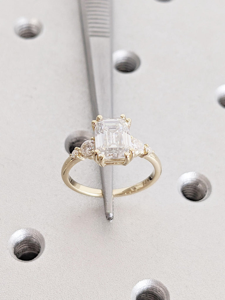 Vintage Emerald Cut Lab Diamond Engagement Ring | Delicate Anniversary Ring | Double Prong Set Simulated Diamond Ring | Lab Diamond Cluster