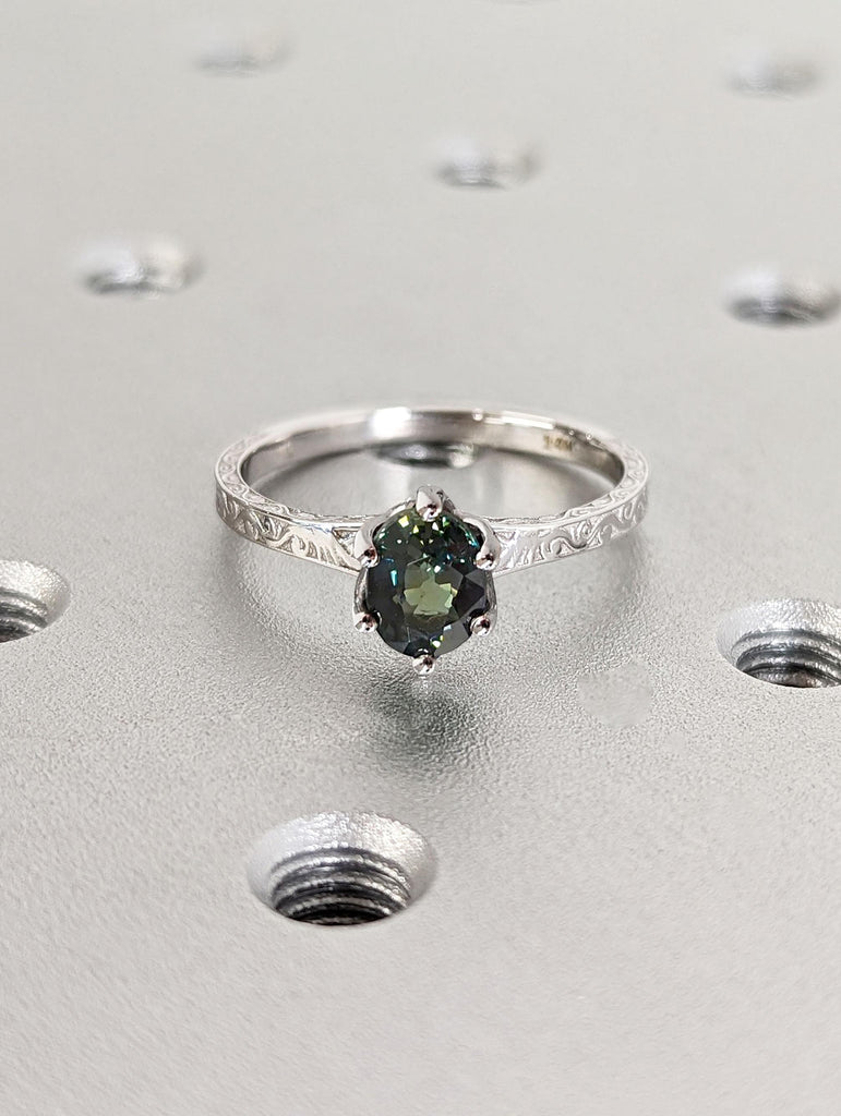 1ct Sapphire Ring | Art Deco Promise Anniversary Ring | Dainty Engagement Ring | Blue Green Gemstone Ring | 14K White Gold Solitaire Ring