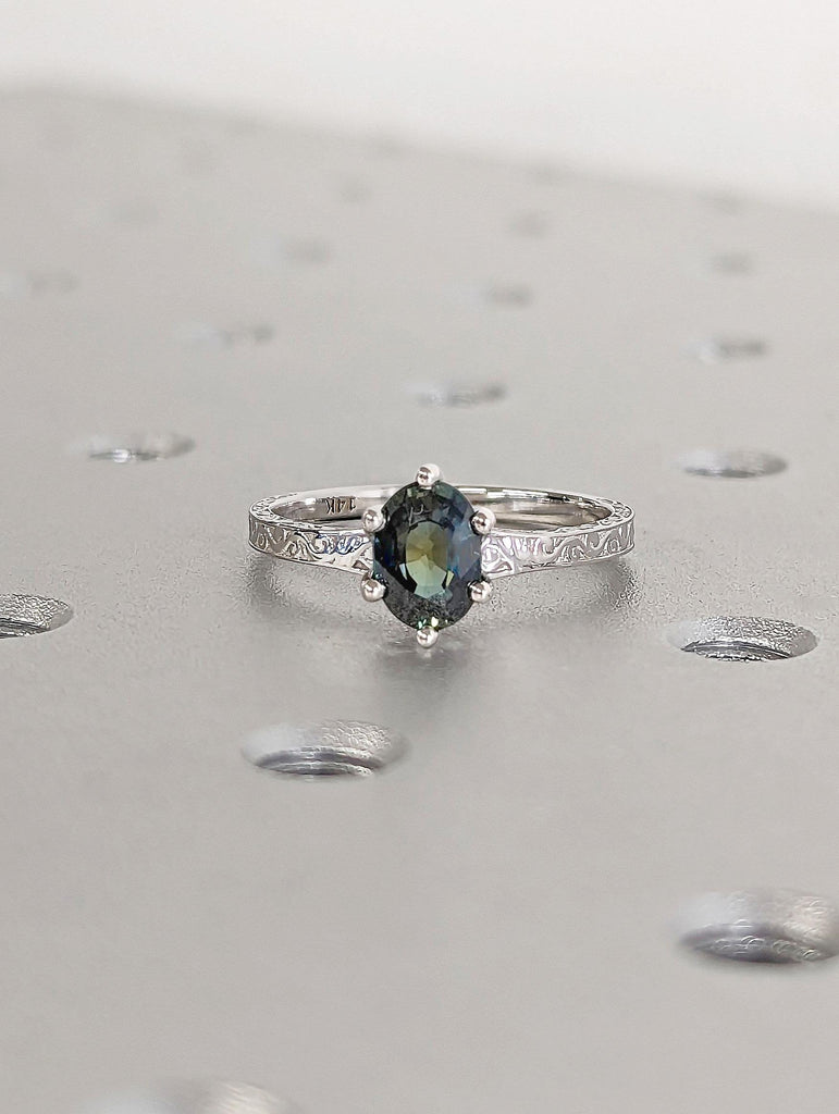 Vintage Peacock Sapphire Solitaire Engagement Ring | Dainty Promise Ring for Her | Handmade Filigree Woman Wedding Band | Oval Sapphire Ring