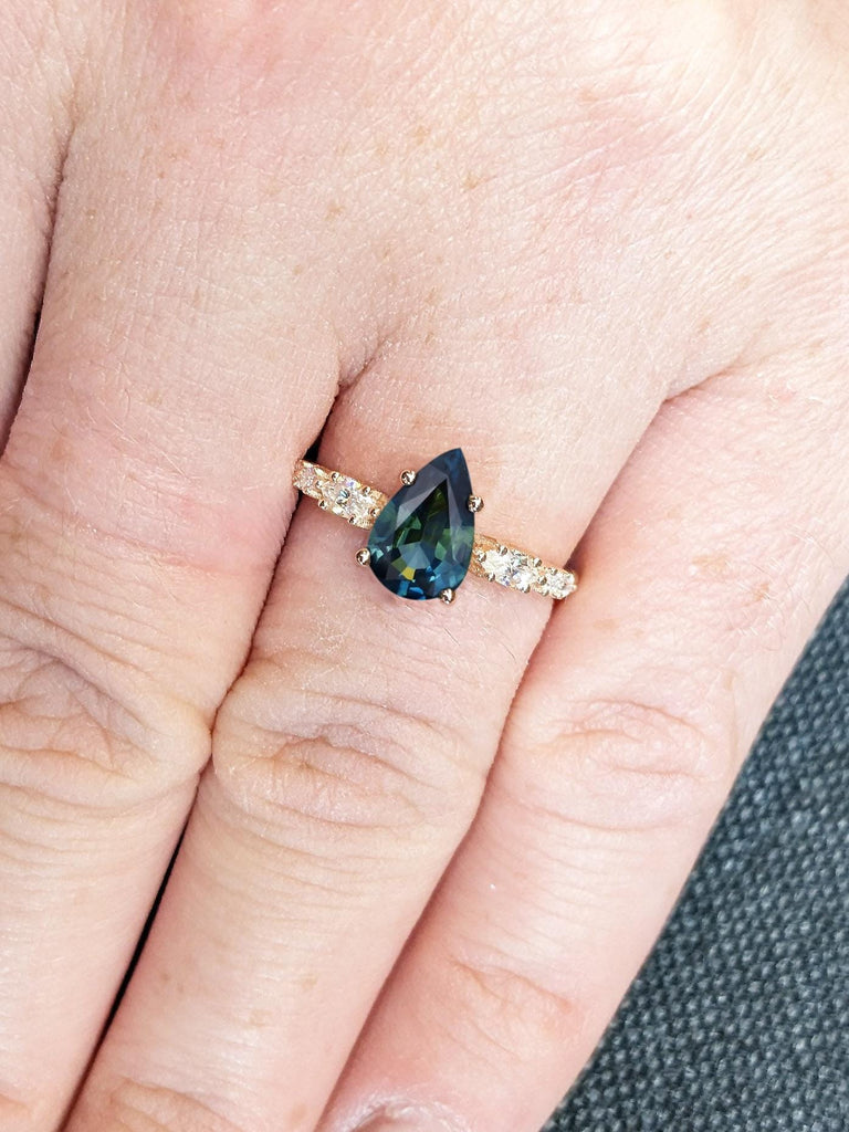 1 Carat Pear Teal Sapphire Ring | Pear Natural Sapphire Thin Engagement Ring | Dainty Ring | 14k Rose Gold Promise Ring | Prong Set Ring