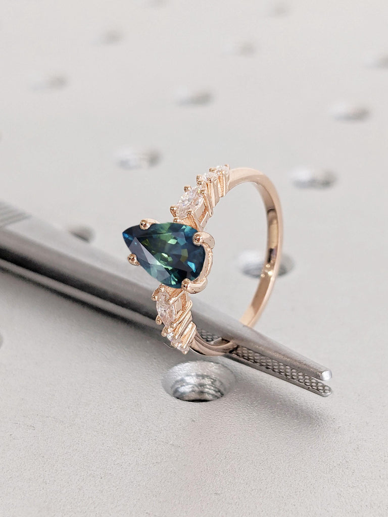 Vintage Rose Gold Sapphire Engagement Ring, Unique Pear cut Peacock Sapphire Wedding Ring, Prong Set Ring Promise Anniversary Bridal Ring