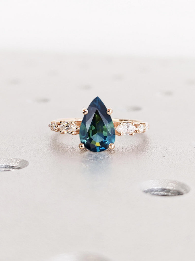 Vintage Teal Sapphire Engagement Ring | Art Deco Marquise, Round cut Diamond Cluster Ring | Solid Rose Gold Ring | Pear cut Prong Set Ring