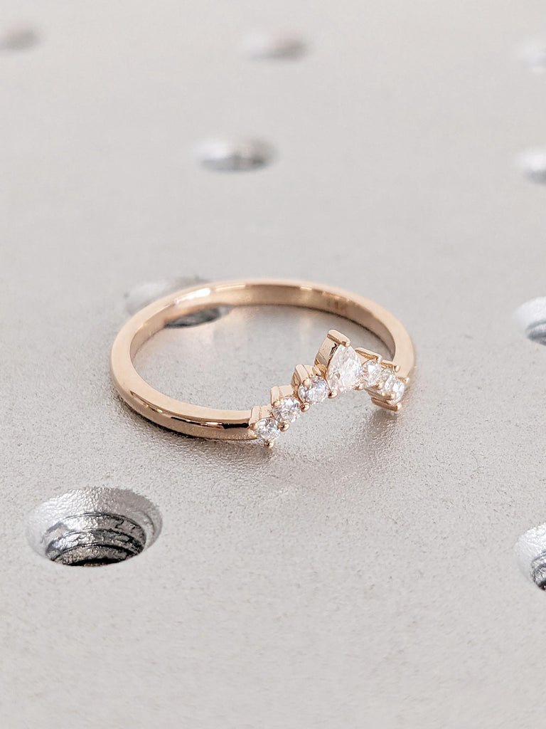 14K Curved Pear & Round Cluster Stacking Ring, Half Halo Matching Band, Dainty Wedding Band, Diamond/Moissanite Cluster, Solid Gold Fan Ring