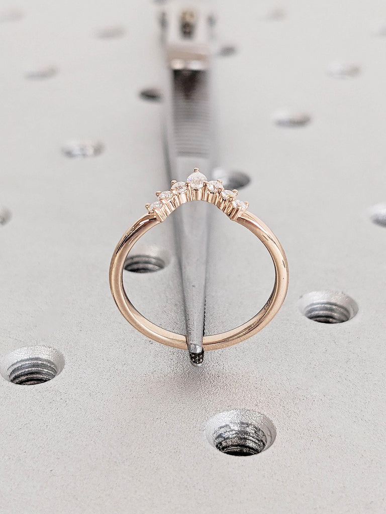 Curved Wedding Band, Rose Gold Matching Band, Diamond or Moissanite, Unique Stacking Band, Vintage Arched Ring, Half Halo, Anniversary Ring