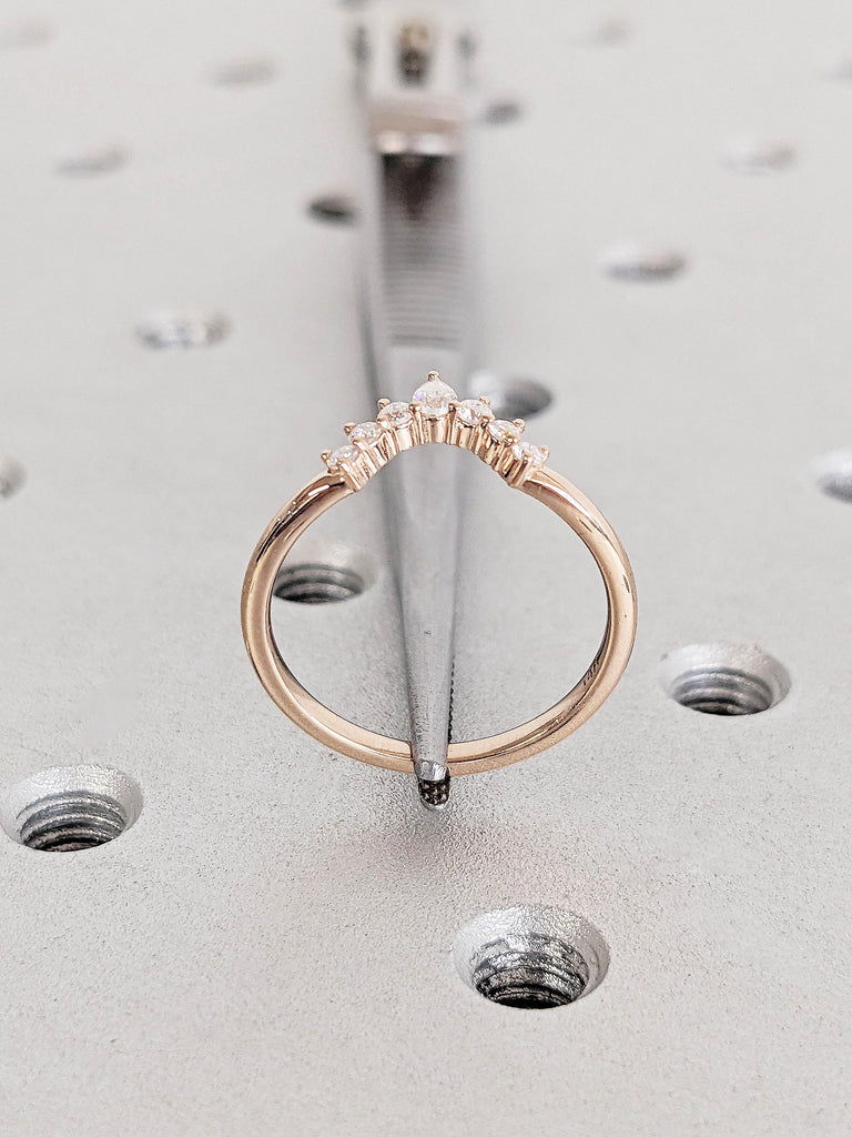14K Curved Pear & Round Cluster Stacking Ring, Half Halo Matching Band, Dainty Wedding Band, Diamond/Moissanite Cluster, Solid Gold Fan Ring