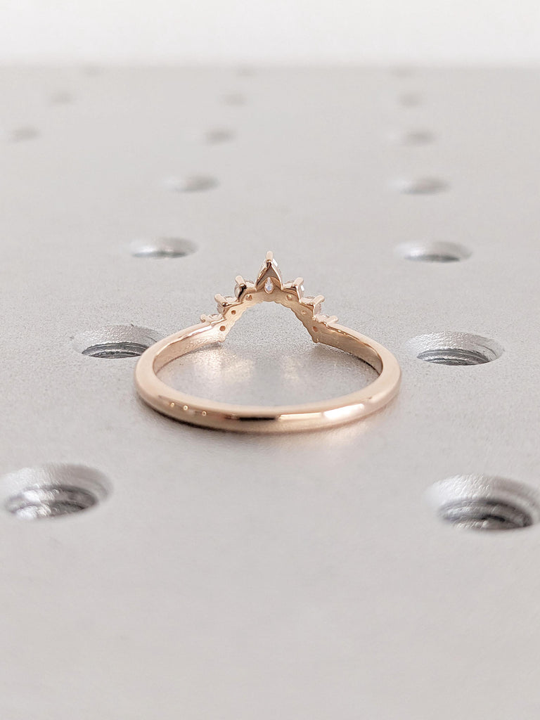 14K Curved Pear & Round Cluster Stacking Ring, Half Halo Matching Band, Dainty Wedding Band, Diamond/Moissanite Cluster, Solid Gold Fan Ring