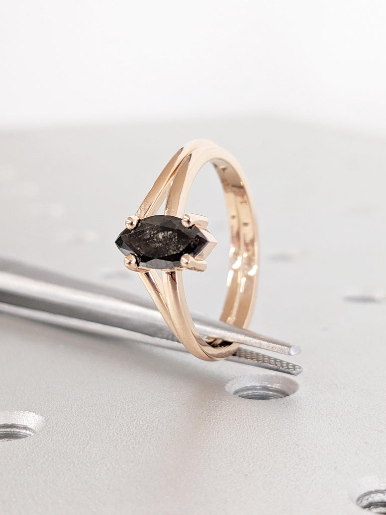 14k Rose Gold Salt and Pepper Diamond Ring, Marquise V Shape Black Diamond Matching Wedding Ring, Stacking Ring, Engagement Ring