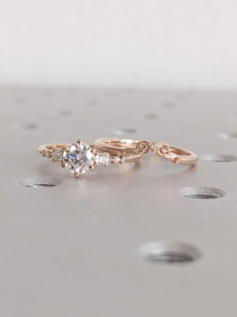 Unique Moissanite Wedding Ring Set | 14K 18K Rose Gold Filigree Band | Anniversary Gift for Wife