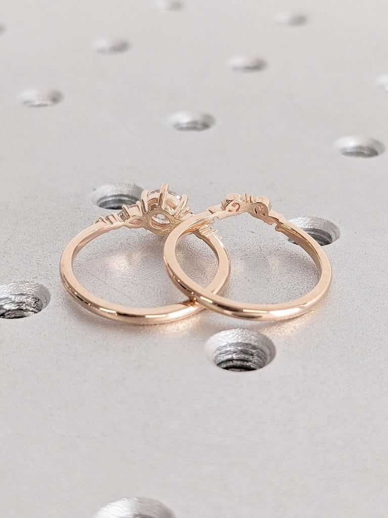 14K Rose Gold Prong Set Moissanite Engagement Ring | Dainty Moissanite Cluster Promise Ring | Curve Stacking Ring | Woman Wedding Ring Set