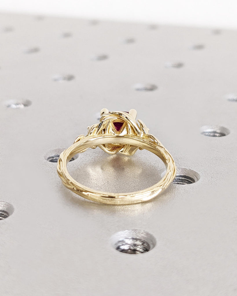 Cushion cut Lab Grown Ruby 14K Yellow Gold Rustic Promise Ring | Nature Inspired Leaves Motif Custom Engagement Wedding Anniversary Ring