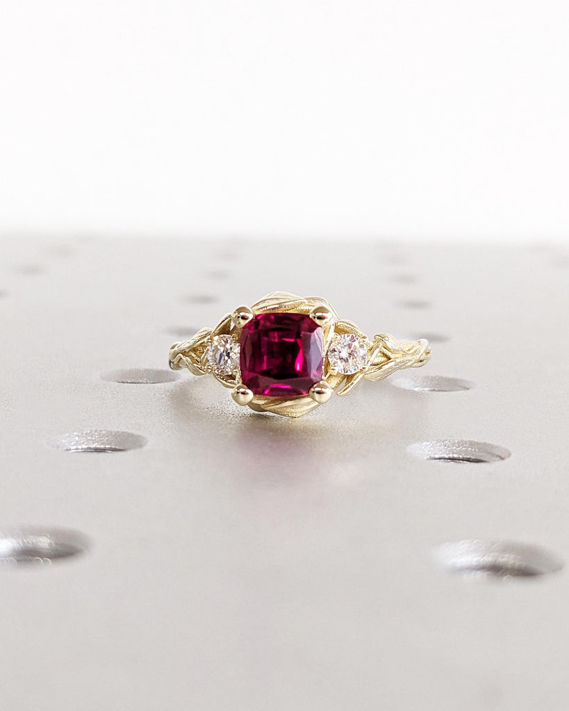 Cushion cut Lab Grown Ruby 14K Yellow Gold Rustic Promise Ring | Nature Inspired Leaves Motif Custom Engagement Wedding Anniversary Ring