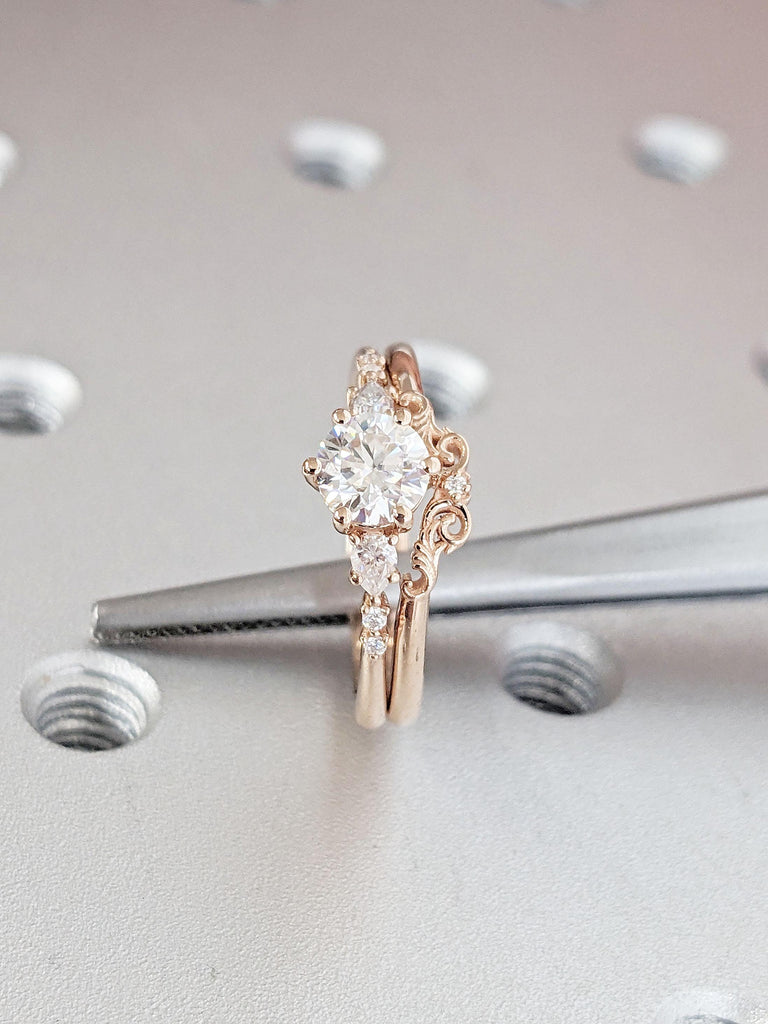 Unique Moissanite Engagement Ring Set | Pear, Round cut Lab Diamond Cluster Art Deco Promise Anniversary Ring | Thin Wedding Ring for Her