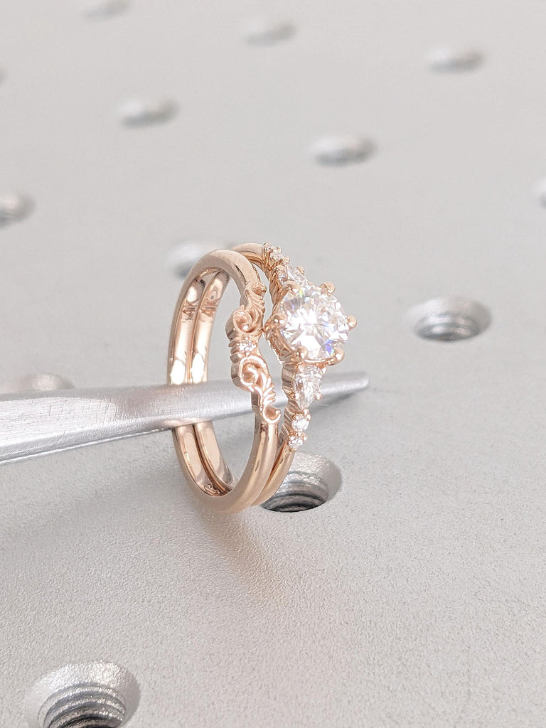 14K Rose Gold Prong Set Moissanite Engagement Ring | Dainty Moissanite Cluster Promise Ring | Curve Stacking Ring | Woman Wedding Ring Set